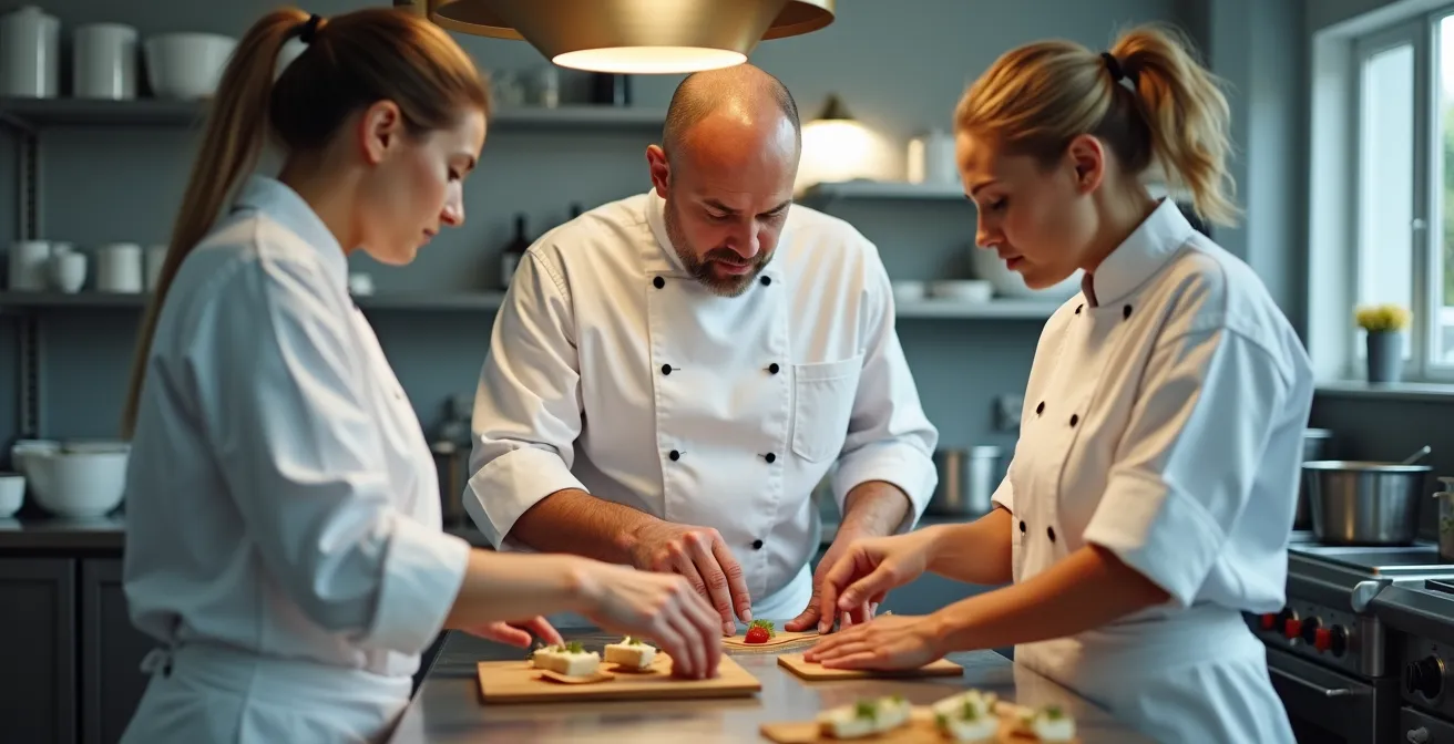 Brigade de cuisine organisée avec système de rangement individuel