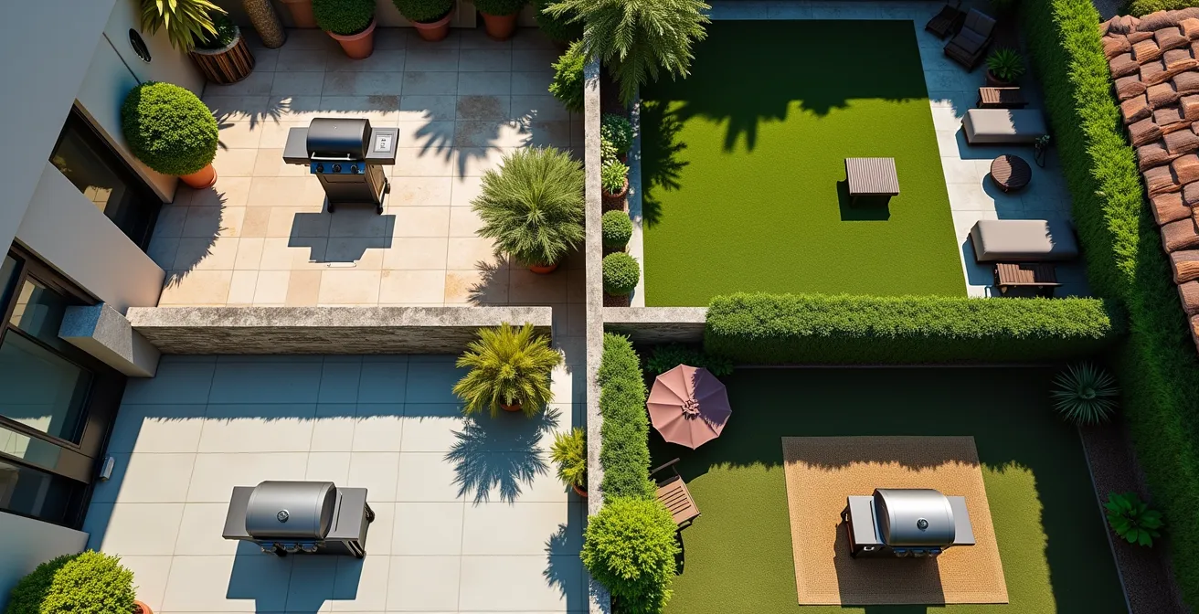Vue aérienne montrant différents espaces de vie avec barbecues adaptés