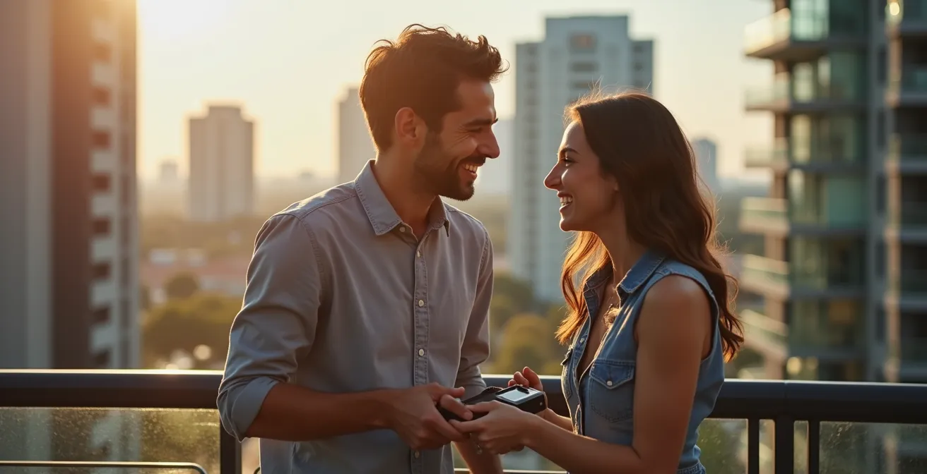 Jeune couple urbain utilisant un barbecue électrique compact sur balcon d'appartement