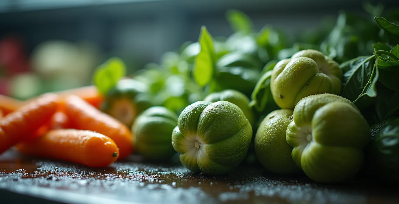 Vue macro de légumes et viandes mal rangés dans un réfrigérateur professionnel