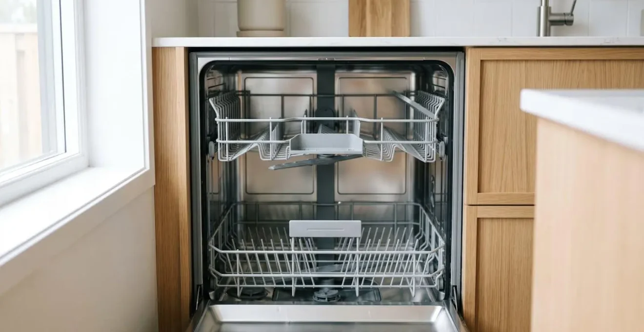Intérieur lumineux d'un lave-vaisselle encastrable ouvert dans une cuisine scandinave, paniers vides et propres.