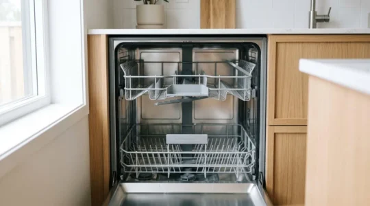 Intérieur lumineux d'un lave-vaisselle encastrable ouvert dans une cuisine scandinave, paniers vides et propres.