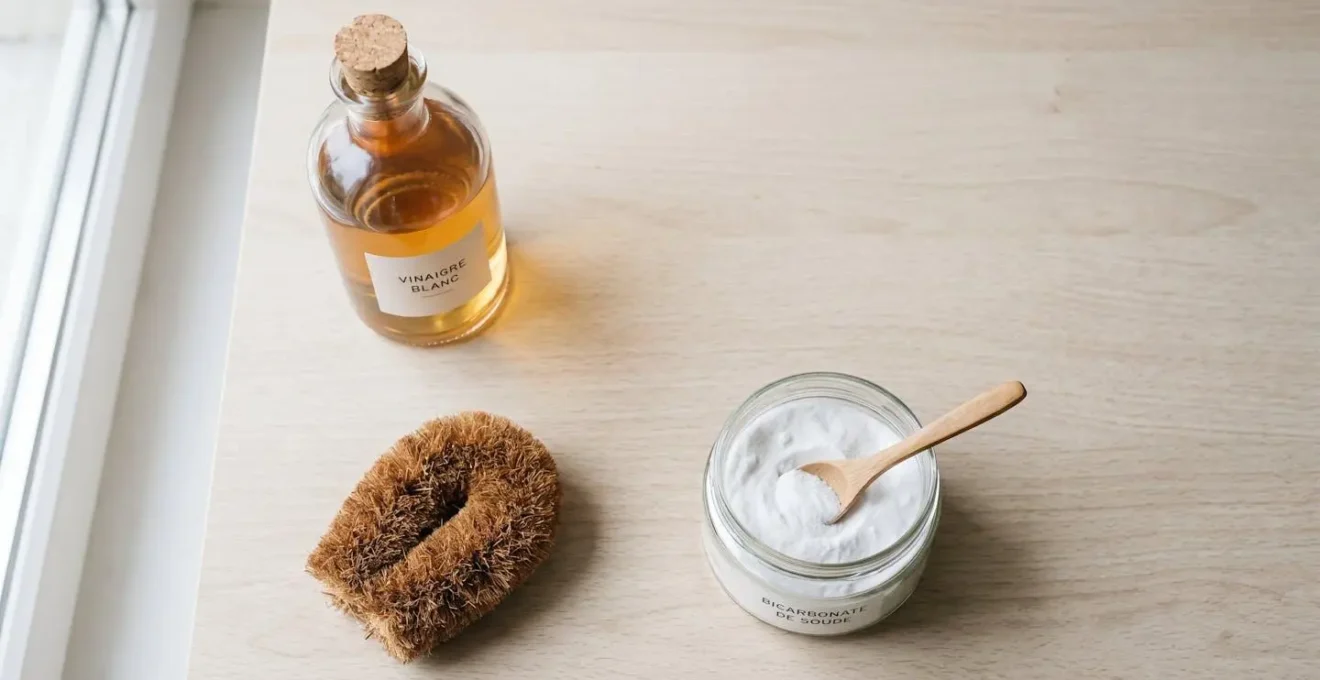Composition minimaliste de produits naturels pour nettoyer le lave-vaisselle : vinaigre blanc et bicarbonate de soude.